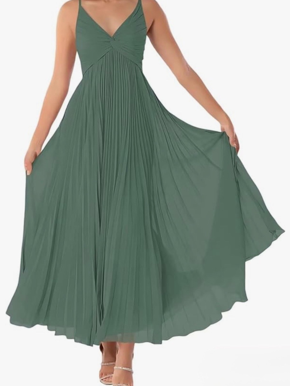 Flowy V-Neck Pleated Maxi Dress in Sage Green